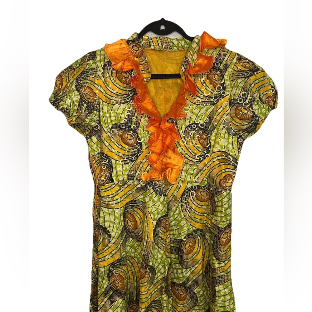 VTG Handmade African Print Maxi Dress Ruffle Puff Sleeve Boho Festival S/M - Picture 3 of 14